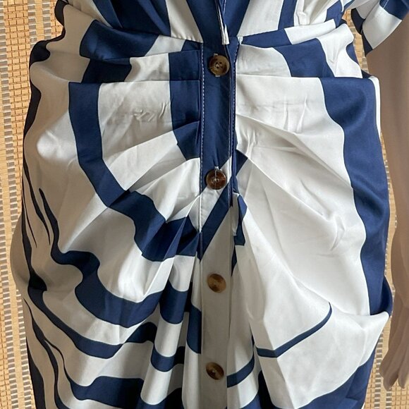 Unique Blue White Deep V Button up Long Ruched Dress Size Large No Name Tag - Picture 9 of 16
